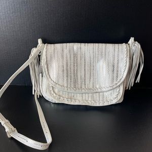 Tommy Bahama White/Silver Metallic Abaco Tasseled Leather Crossbody Purse